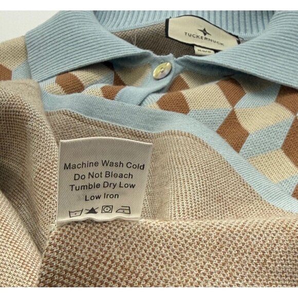 Tuckernuck Clayton Knit Polo Top Light Blue Tan Retro Boxy 3/4 Sleeve Size XS/S - Picture 7 of 8
